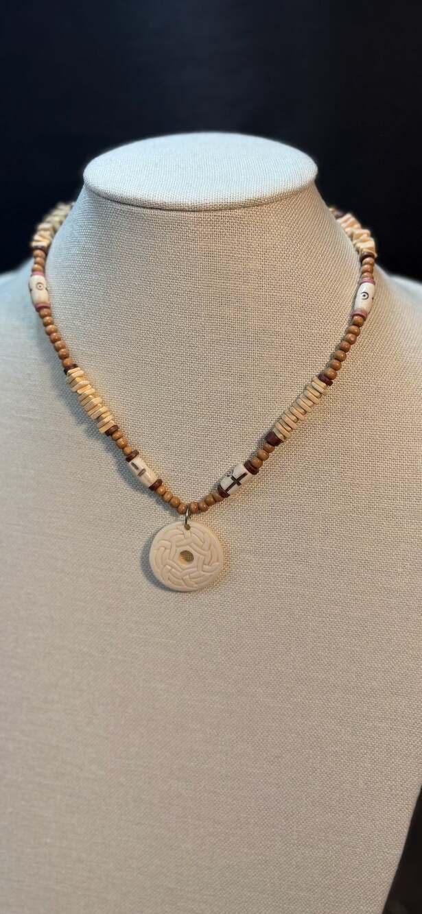 Carved Bone Disc Pendant Necklace with Wood & Bone Beads